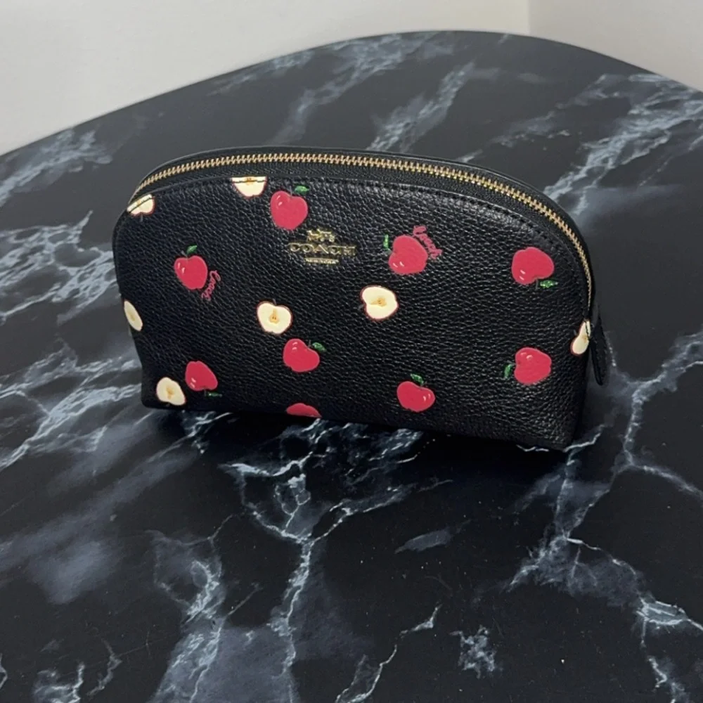 Coach Black Red Cosmetic Leather Bag Clutch Case with Red Apple Print AUTHENTIC